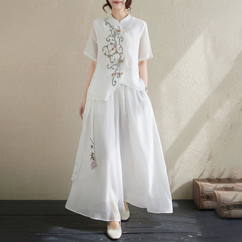 Buddha Stones 2Pcs Flower Embroidery Short Sleeve Tee T-shirt Wide Leg Pants Set - image 13