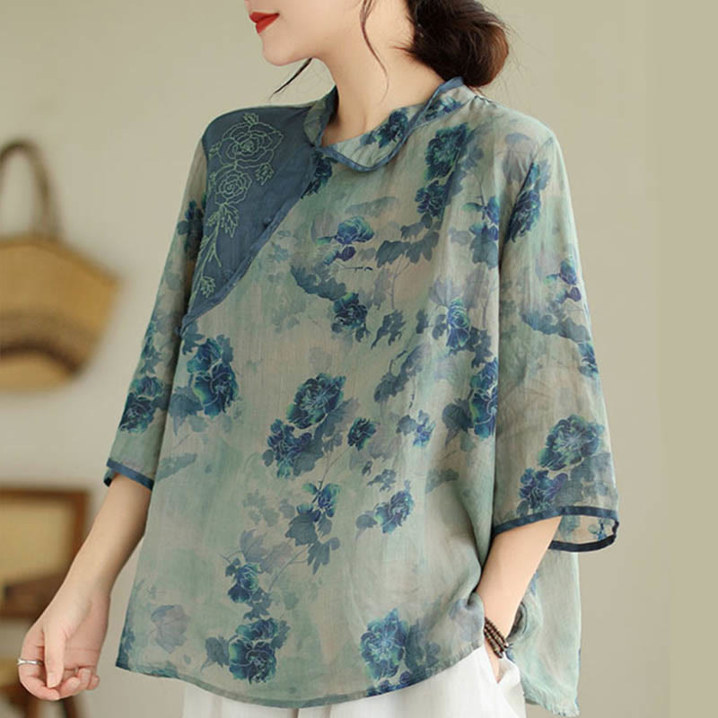 Buddha Stones PLUS SIZE Blue Jacaranda Flower Design Three Quarter Sleeve Ramie Linen Shirt - image 5