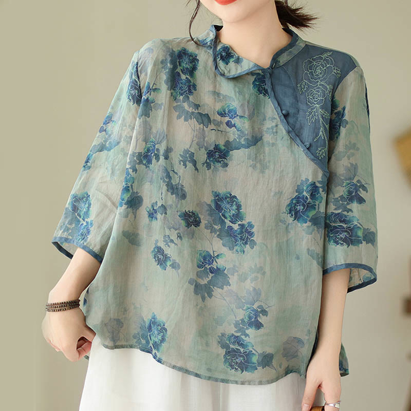Buddha Stones PLUS SIZE Blue Jacaranda Flower Design Three Quarter Sleeve Ramie Linen Shirt - image 7