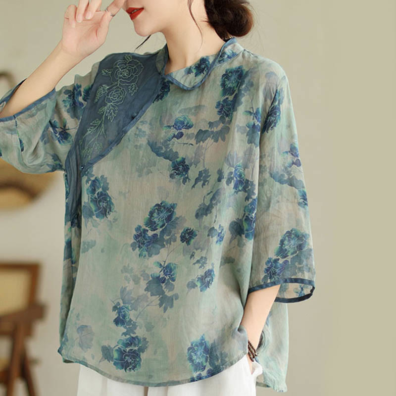 Buddha Stones PLUS SIZE Blue Jacaranda Flower Design Three Quarter Sleeve Ramie Linen Shirt - image 3
