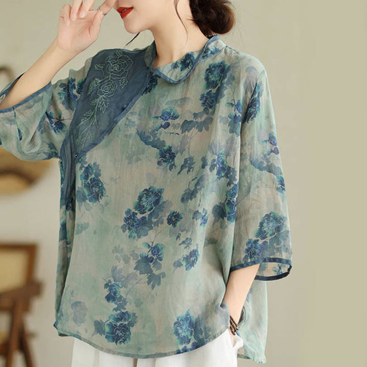 Buddha Stones PLUS SIZE Blue Jacaranda Flower Design Three Quarter Sleeve Ramie Linen Shirt - image 2