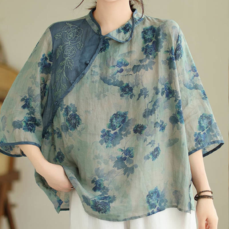 Buddha Stones PLUS SIZE Blue Jacaranda Flower Design Three Quarter Sleeve Ramie Linen Shirt - image 4