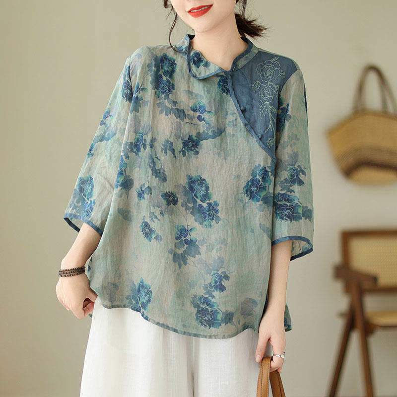 Buddha Stones PLUS SIZE Blue Jacaranda Flower Design Three Quarter Sleeve Ramie Linen Shirt - image 10