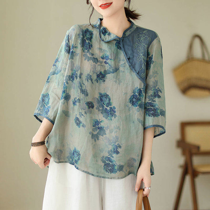 Buddha Stones PLUS SIZE Blue Jacaranda Flower Design Three Quarter Sleeve Ramie Linen Shirt - image 10