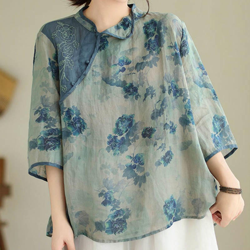 Buddha Stones PLUS SIZE Blue Jacaranda Flower Design Three Quarter Sleeve Ramie Linen Shirt - US16，UK/AU20，EU48 (3XL) - image 1
