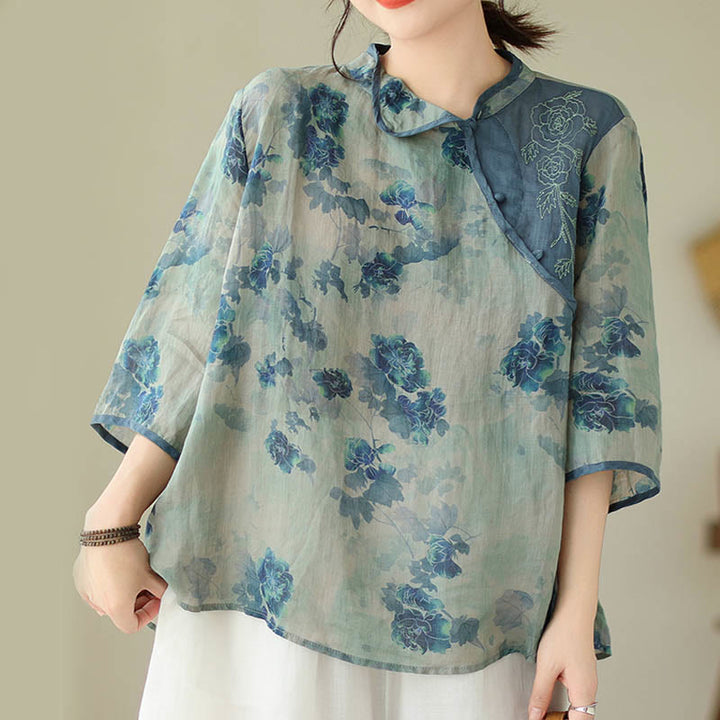 Buddha Stones PLUS SIZE Blue Jacaranda Flower Design Three Quarter Sleeve Ramie Linen Shirt - image 8