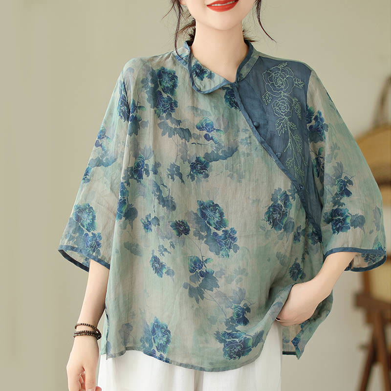 Buddha Stones PLUS SIZE Blue Jacaranda Flower Design Three Quarter Sleeve Ramie Linen Shirt - image 2