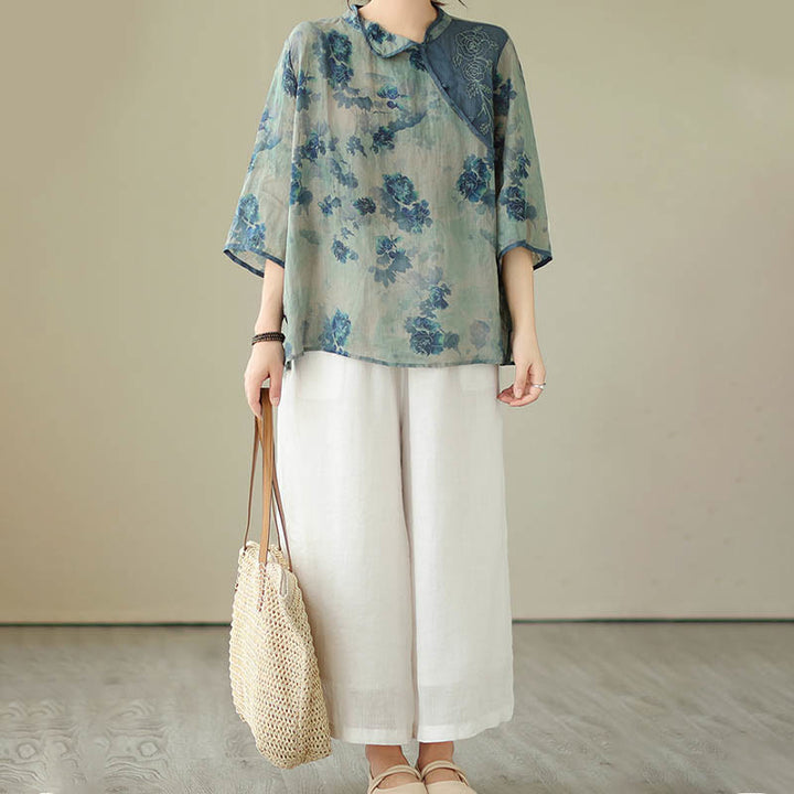 Buddha Stones PLUS SIZE Blue Jacaranda Flower Design Three Quarter Sleeve Ramie Linen Shirt - image 14
