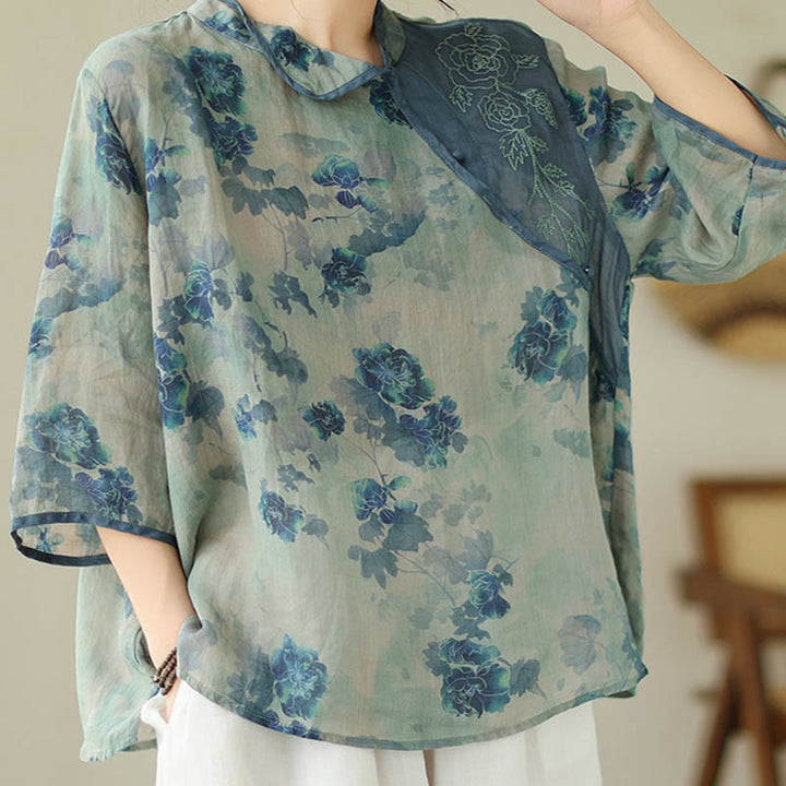 Buddha Stones PLUS SIZE Blue Jacaranda Flower Design Three Quarter Sleeve Ramie Linen Shirt - image 9