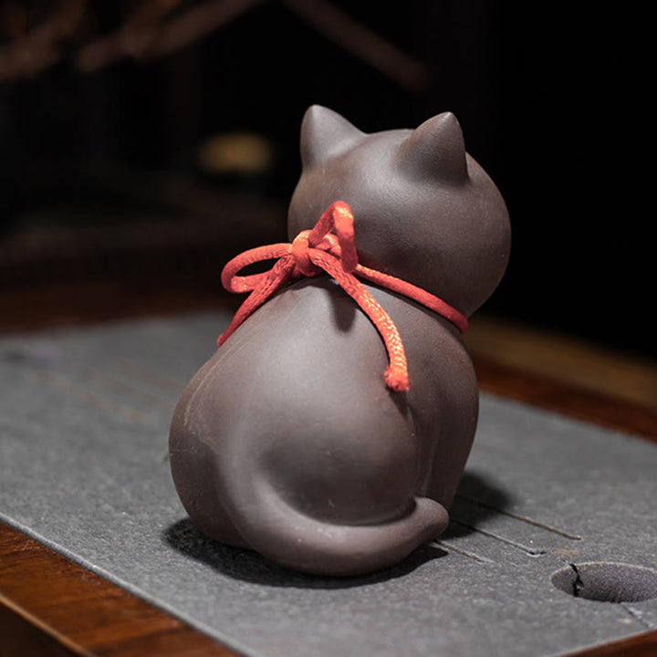 Buddha Stones Mini Lovely Cat Tea Pet Purple Clay Figurine Desk Decoration