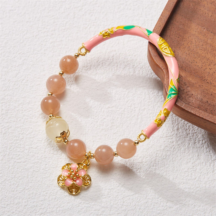 Buddha Stones Natural Sun Stone Golden Silk Jade Flower Charm Wealth Bracelet Bangle