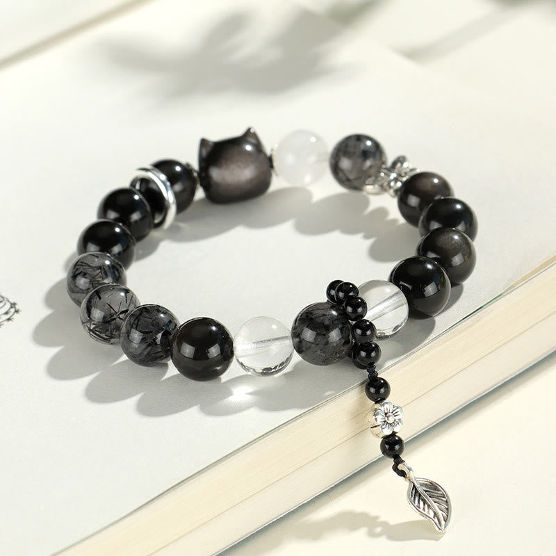 Buddha Stones Natural Silver Sheen Obsidian Cat Head Fox Planet Protection Bracelet