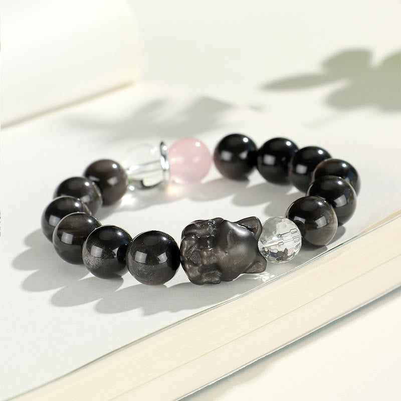 Buddha Stones Natural Silver Sheen Obsidian Cat Head Fox Planet Protection Bracelet