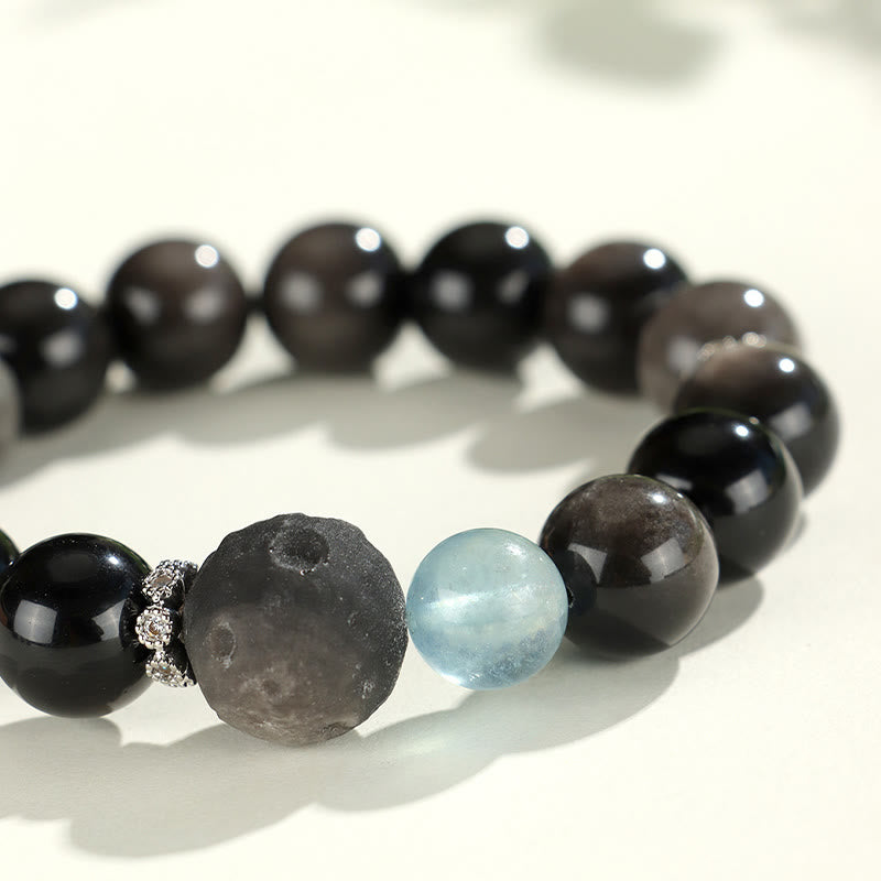 Buddha Stones Natural Silver Sheen Obsidian Cat Head Fox Planet Protection Bracelet - image 10