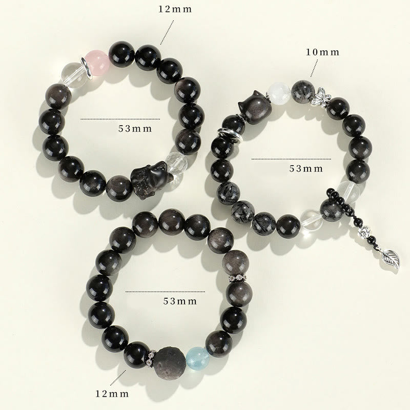 Buddha Stones Natural Silver Sheen Obsidian Cat Head Fox Planet Protection Bracelet