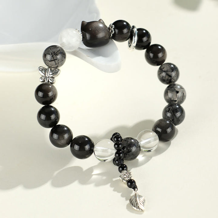 Buddha Stones Natural Silver Sheen Obsidian Cat Head Fox Planet Protection Bracelet