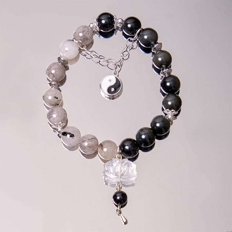 Buddha Stones Silver Sheen Obsidian Crackle Clear Quartz Black Rutilated Quartz Yin Yang Lotus Protection Bracelet