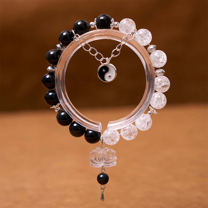 Buddha Stones Silver Sheen Obsidian Crackle Clear Quartz Black Rutilated Quartz Yin Yang Lotus Protection Bracelet