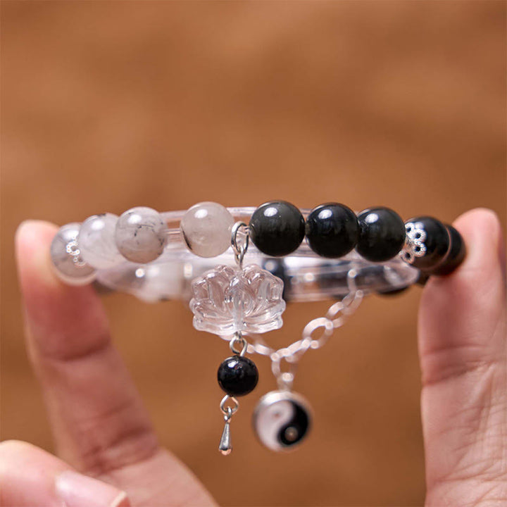 Buddha Stones Silver Sheen Obsidian Crackle Clear Quartz Black Rutilated Quartz Yin Yang Lotus Protection Bracelet