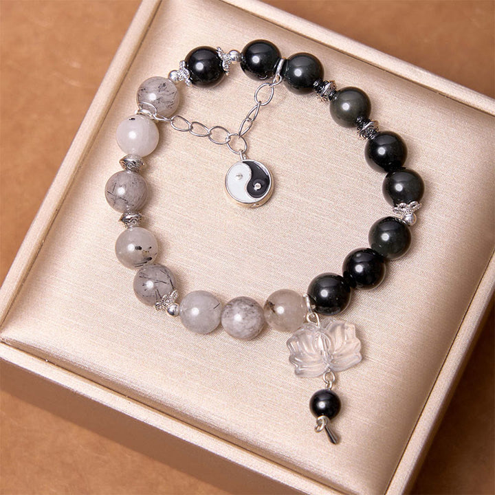 Buddha Stones Silver Sheen Obsidian Crackle Clear Quartz Black Rutilated Quartz Yin Yang Lotus Protection Bracelet