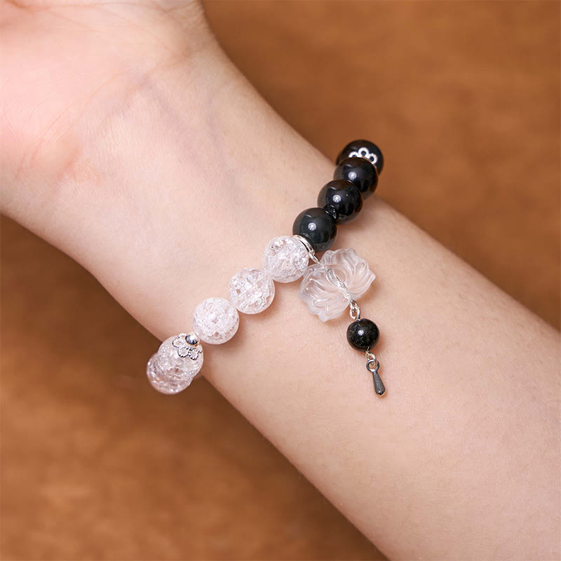 Buddha Stones Silver Sheen Obsidian Crackle Clear Quartz Black Rutilated Quartz Yin Yang Lotus Protection Bracelet