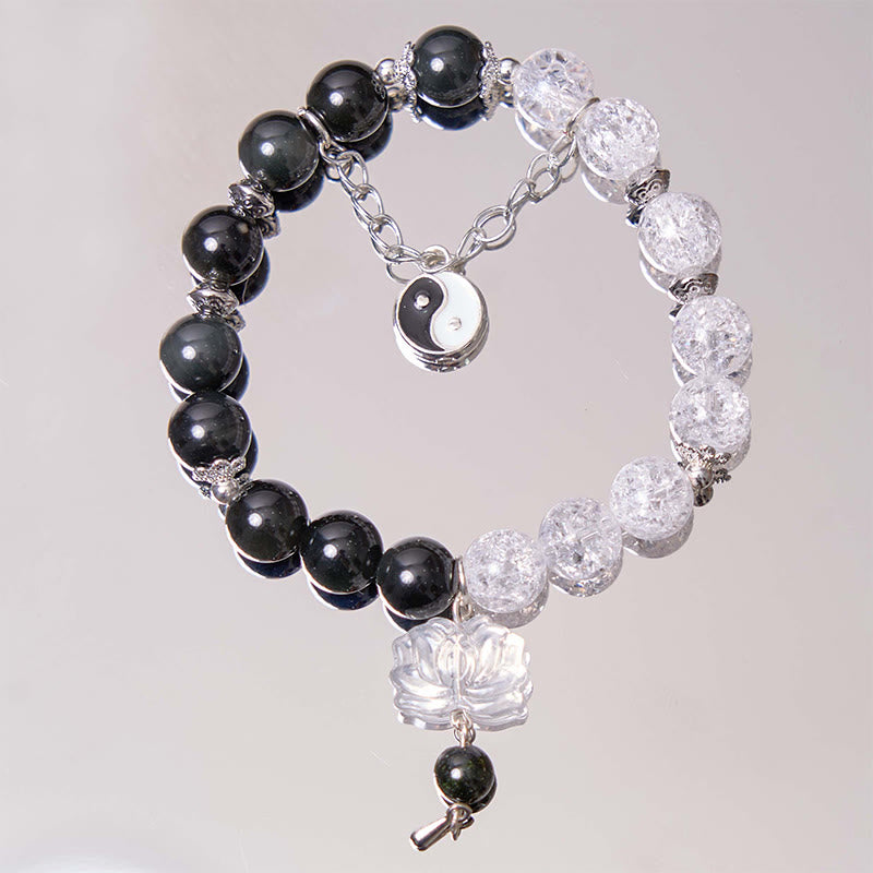 Buddha Stones Silver Sheen Obsidian Crackle Clear Quartz Black Rutilated Quartz Yin Yang Lotus Protection Bracelet