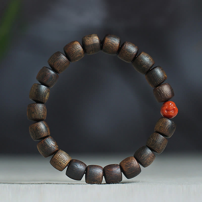 Buddha Stones Nha Trang Rare Bai Qinan Agarwood Cyan Jade Red Agate Laughing Buddha Tibetan Bone Strength Meditation Bracelet