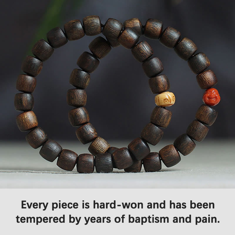 Buddha Stones Nha Trang Rare Bai Qinan Agarwood Cyan Jade Red Agate Laughing Buddha Tibetan Bone Strength Meditation Bracelet