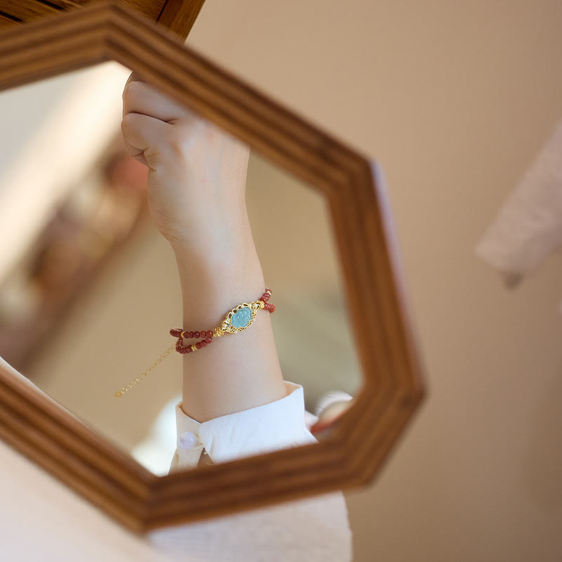 Buddha Stones 925 Sterling Silver Plated Gold Natural Red Agate Lotus Jade Calm Double Layer Bracelet