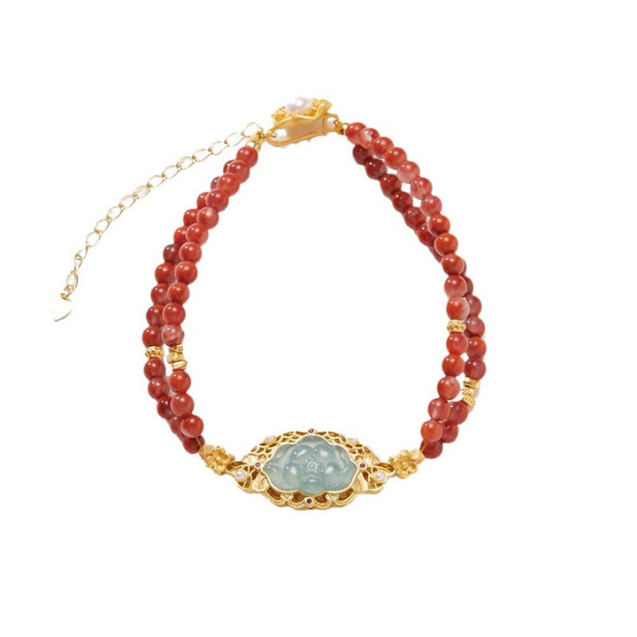 Buddha Stones 925 Sterling Silver Plated Gold Natural Red Agate Lotus Jade Calm Double Layer Bracelet