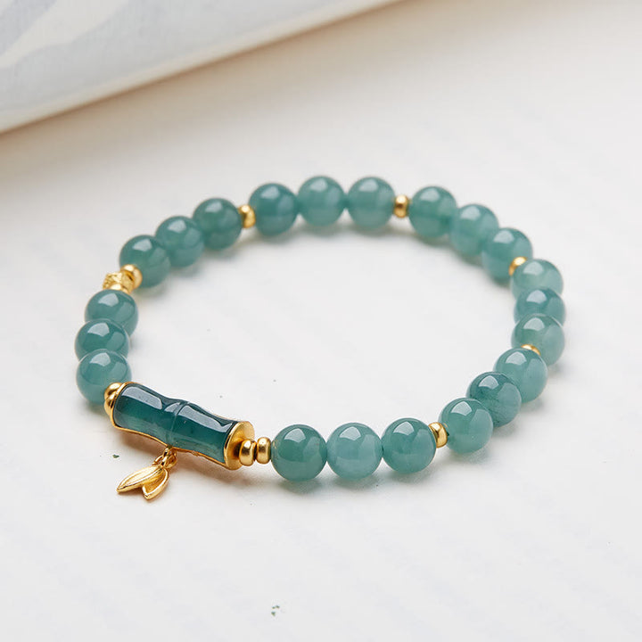 Buddha Stones 925 Sterling Silver Plated Gold Natural Green Jade Bamboo Charm Luck Bracelet