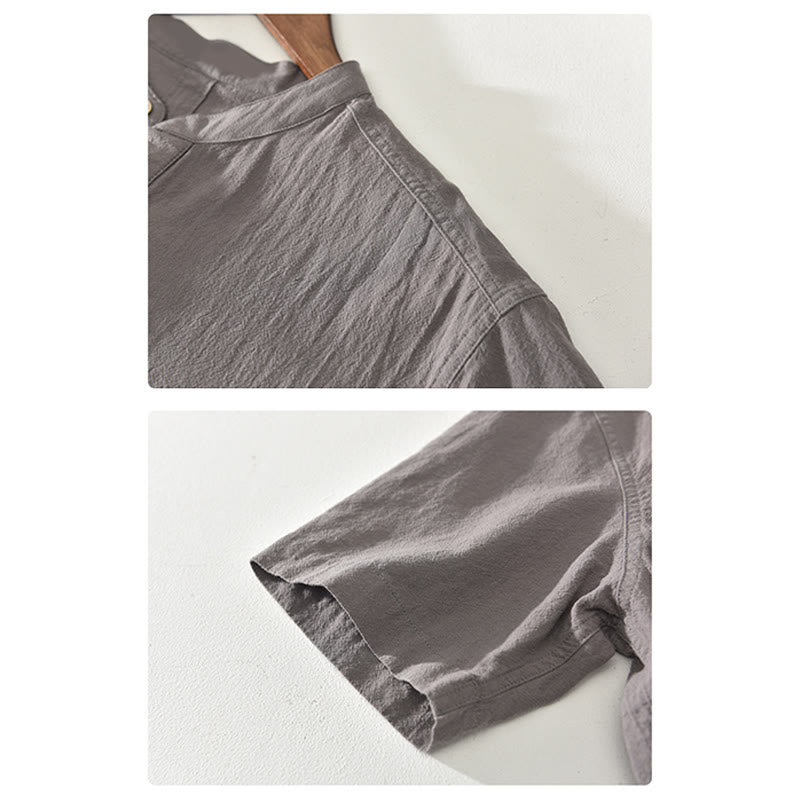 Buddha Stones Solid Color Short Sleeve Half Button Shirt Cotton Linen Men Clothing - image 12