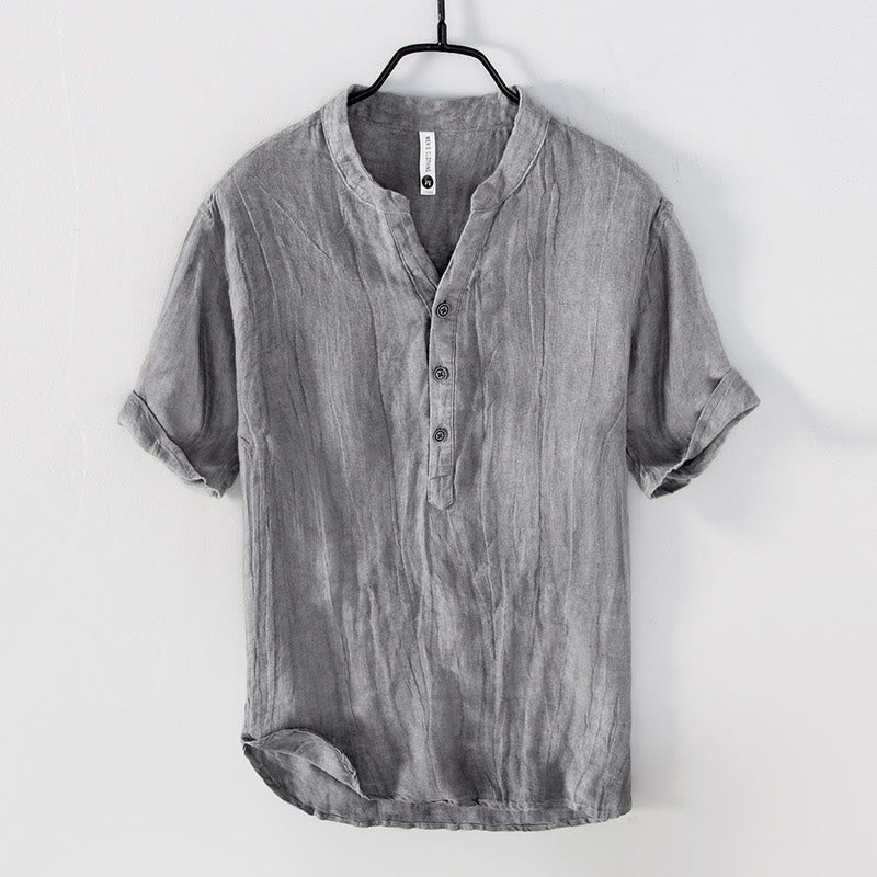 Buddha Stones Solid Color Short Sleeve Half Button Shirt Cotton Linen Men Clothing - Short Sleeve - Gray - US/UK/AU50，EU60 (5XL) - image 0