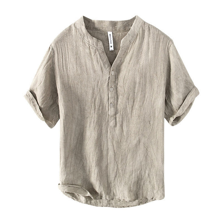 Buddha Stones Solid Color Short Sleeve Half Button Shirt Cotton Linen Men Clothing - image 19