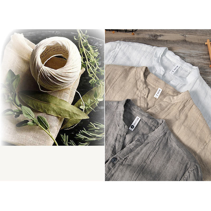 Buddha Stones Solid Color Short Sleeve Half Button Shirt Cotton Linen Men Clothing - image 20