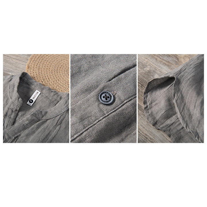 Buddha Stones Solid Color Short Sleeve Half Button Shirt Cotton Linen Men Clothing - image 11