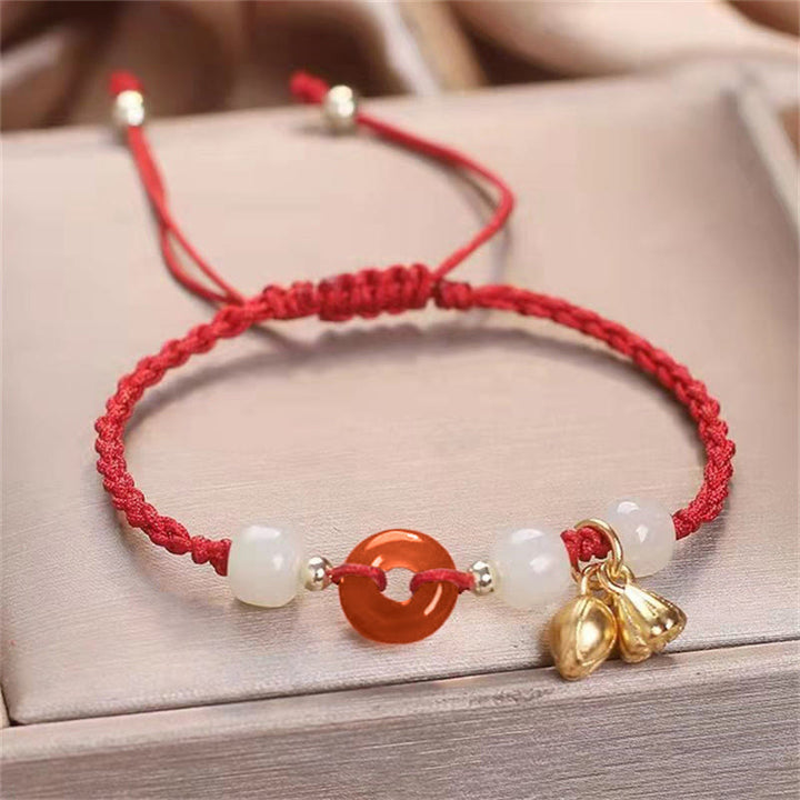 Buddha Stones Red Agate Peace Buckle Jade Lotus Healing Braided Bracelet