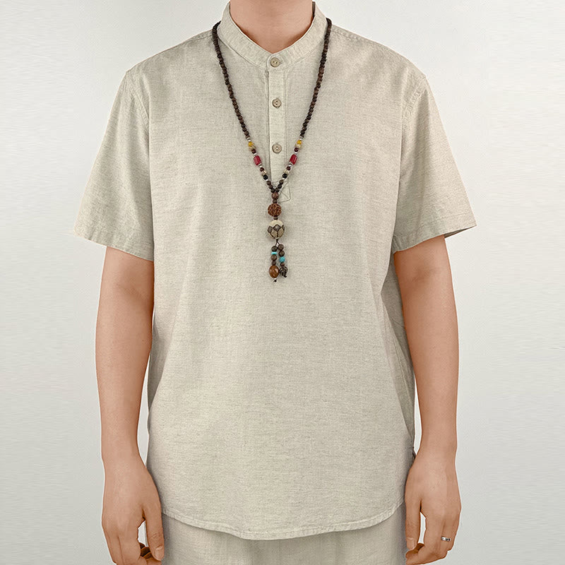 Buddha Stones Solid Color Men Short Sleeve Button Linen Shirt - Linen - US/UK/AU44，EU54 (4XL) - image 8