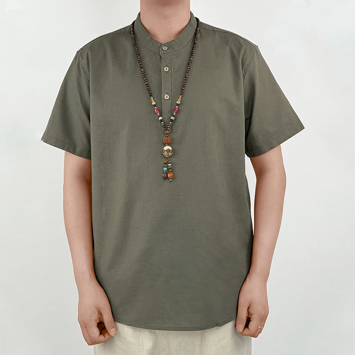 Buddha Stones Solid Color Men Short Sleeve Button Linen Shirt - image 2