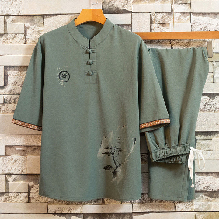 Buddha Stones 2Pcs Tree Pattern Cotton Linen Frog-Button Short Sleeve Shirt Pants Men's Set