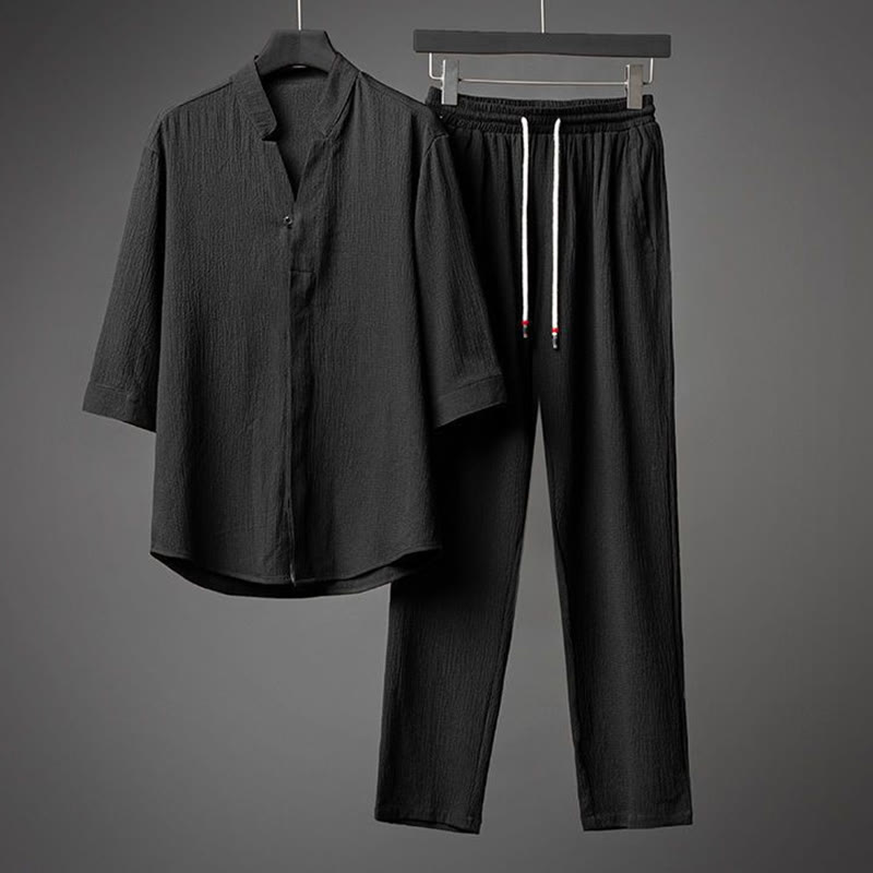 Buddha Stones 2Pcs Solid Color Texture Button Half Sleeve Shirt Pants Men's Set - Black - US/UK/AU44，EU54 (5XL) - image 12