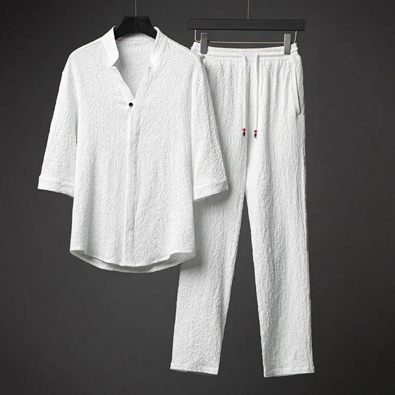 Buddha Stones 2Pcs Solid Color Texture Button Half Sleeve Shirt Pants Men's Set - White - US/UK/AU44，EU54 (5XL) - image 2
