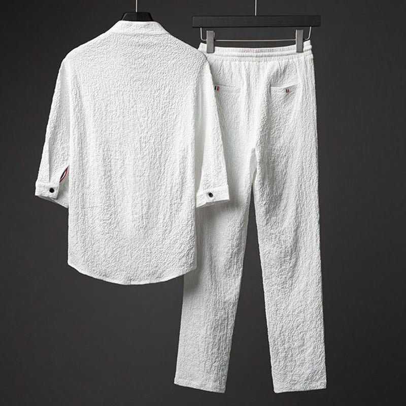 Buddha Stones 2Pcs Solid Color Texture Button Half Sleeve Shirt Pants Men's Set - image 3