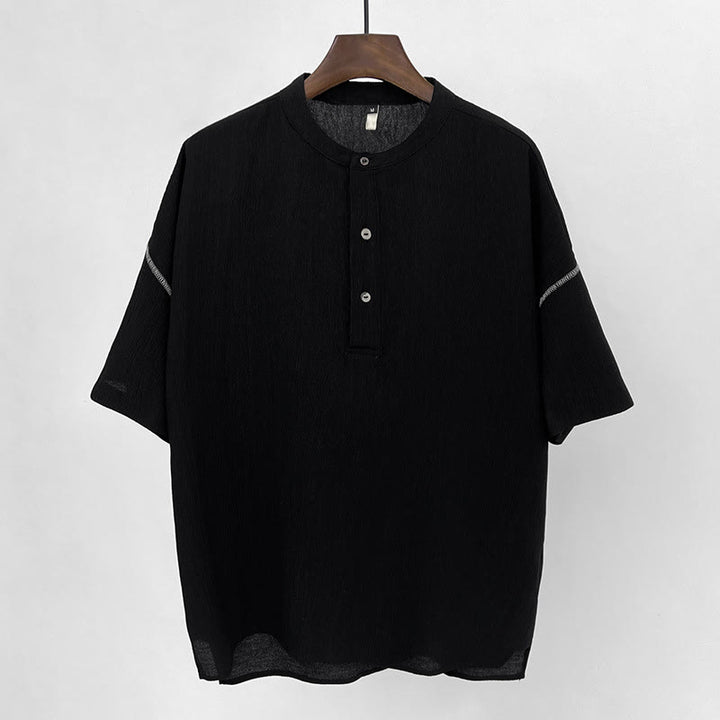 Buddha Stones Summer Solid Color Men Short Sleeve Button Shirt - Black - 4XL(Fit for USUK/AU46; EU56) - image 8