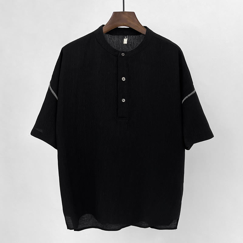 Buddha Stones Summer Solid Color Men Short Sleeve Button Shirt - Black - 4XL(Fit for USUK/AU46; EU56) - image 8