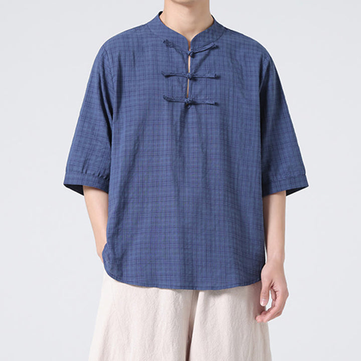 Buddha Stones Frog-Button Plaid Pattern Chinese Tang Suit Half Sleeve Shirt Cotton Linen Men Clothing