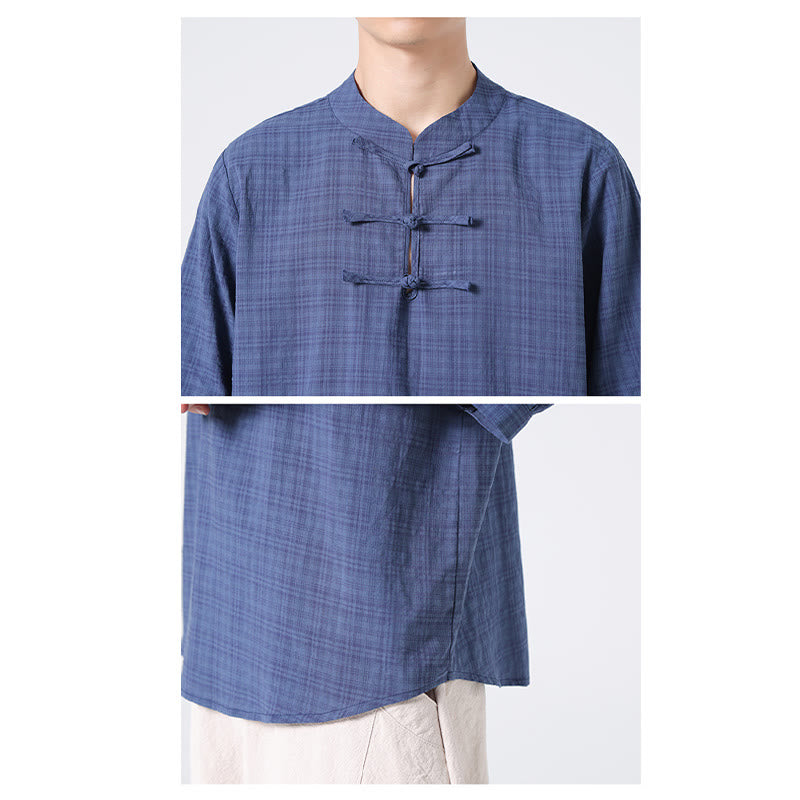 Buddha Stones Frog-Button Plaid Pattern Chinese Tang Suit Half Sleeve Shirt Cotton Linen Men Clothing