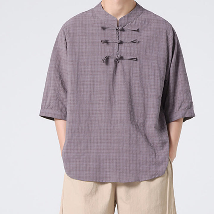 Buddha Stones Frog-Button Plaid Pattern Chinese Tang Suit Half Sleeve Shirt Cotton Linen Men Clothing