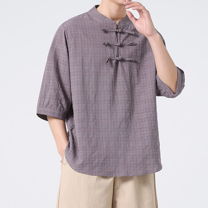 Buddha Stones Frog-Button Plaid Pattern Chinese Tang Suit Half Sleeve Shirt Cotton Linen Men Clothing