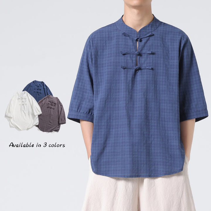 Buddha Stones Frog-Button Plaid Pattern Chinese Tang Suit Half Sleeve Shirt Cotton Linen Men Clothing